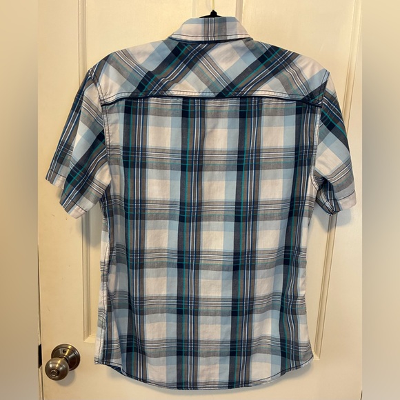 Helix Men’s Short Sleeve Plaid Button-Down Shirt in White, Blue, Teal - Picture 2 of 3